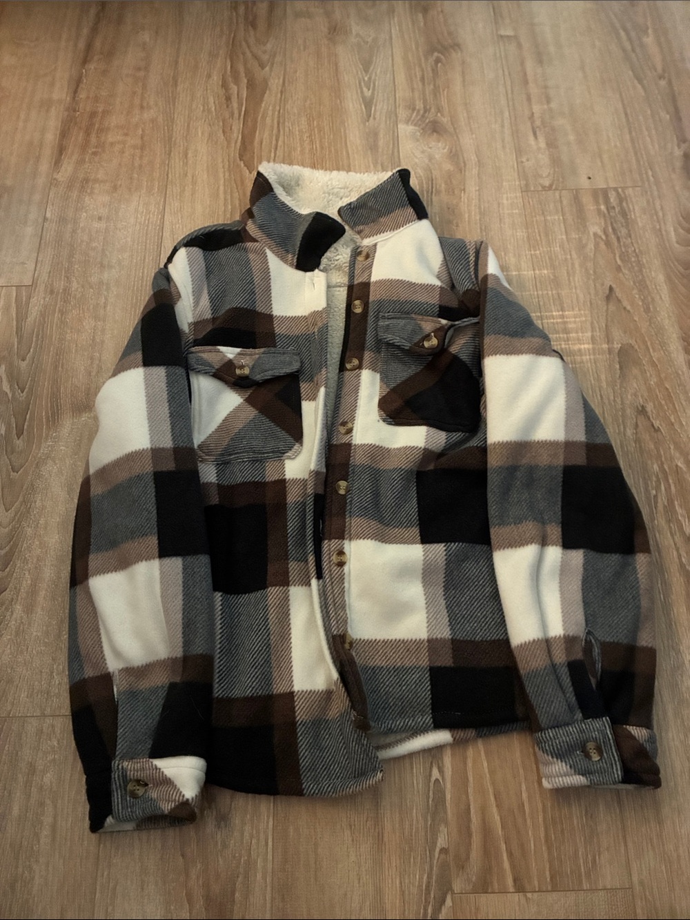 Ci Sono Plaid Sherpa-Lined Shirt Jacket - Brown Black Cream